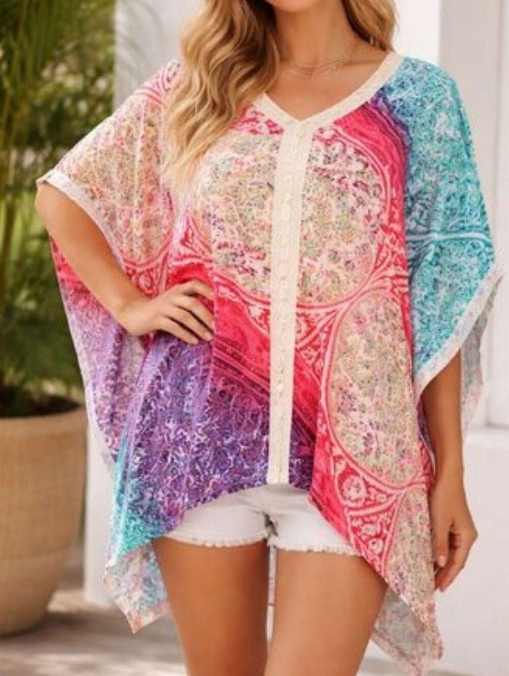 Chico's Boho Ombre Floral V-Neck Poncho Top - Multicolor